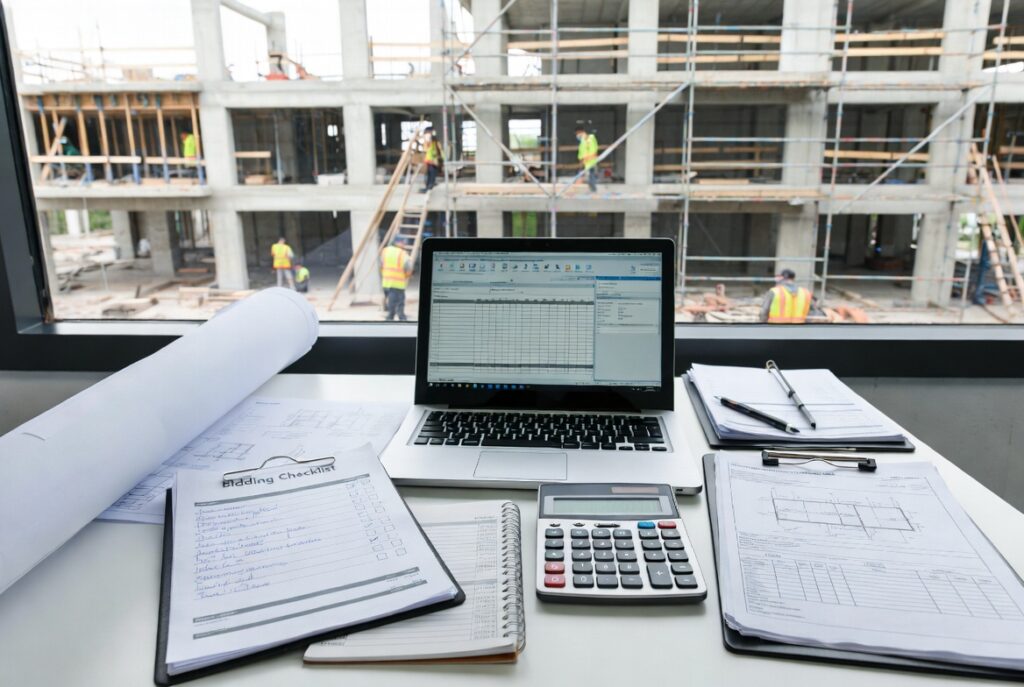 Construction Estimating Checklist Before Bidding showing cost planning, quantity takeoffs, and bid preparation process.