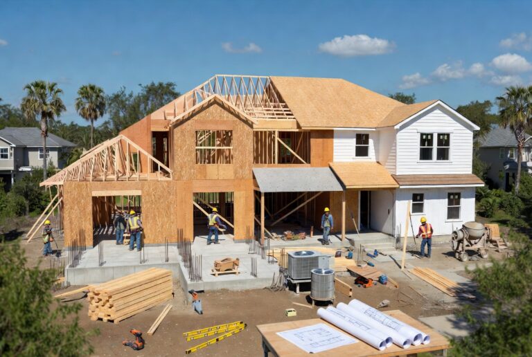 Modern house under construction in Florida showing foundation, wood framing, roofing, and construction workers representing the complete home building cost breakdown.