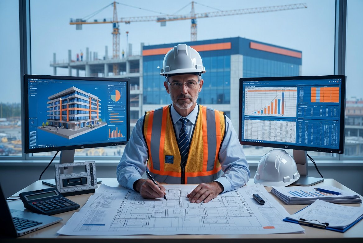 Professional Florida construction estimator reviewing blueprints, quantity takeoffs, and construction cost estimates to prepare accurate competitive project bids.