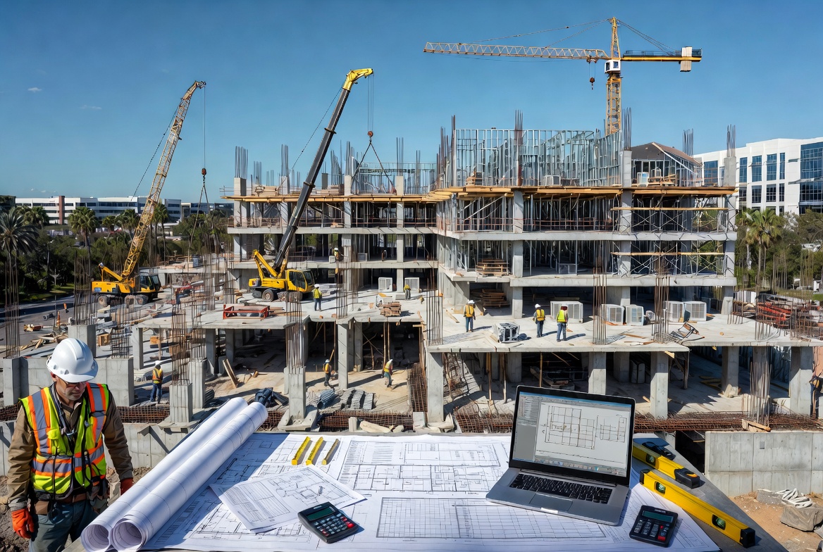 Modern commercial building under construction in Florida with structural steel, cranes, construction workers, blueprints, and cost estimating documents.