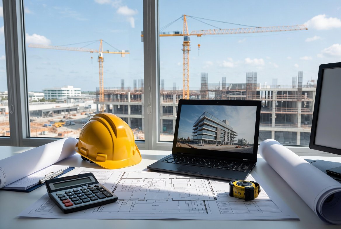 Construction estimating workspace with blueprints, calculator, hard hat, laptop and construction site representing Construction Estimating Services in Florida