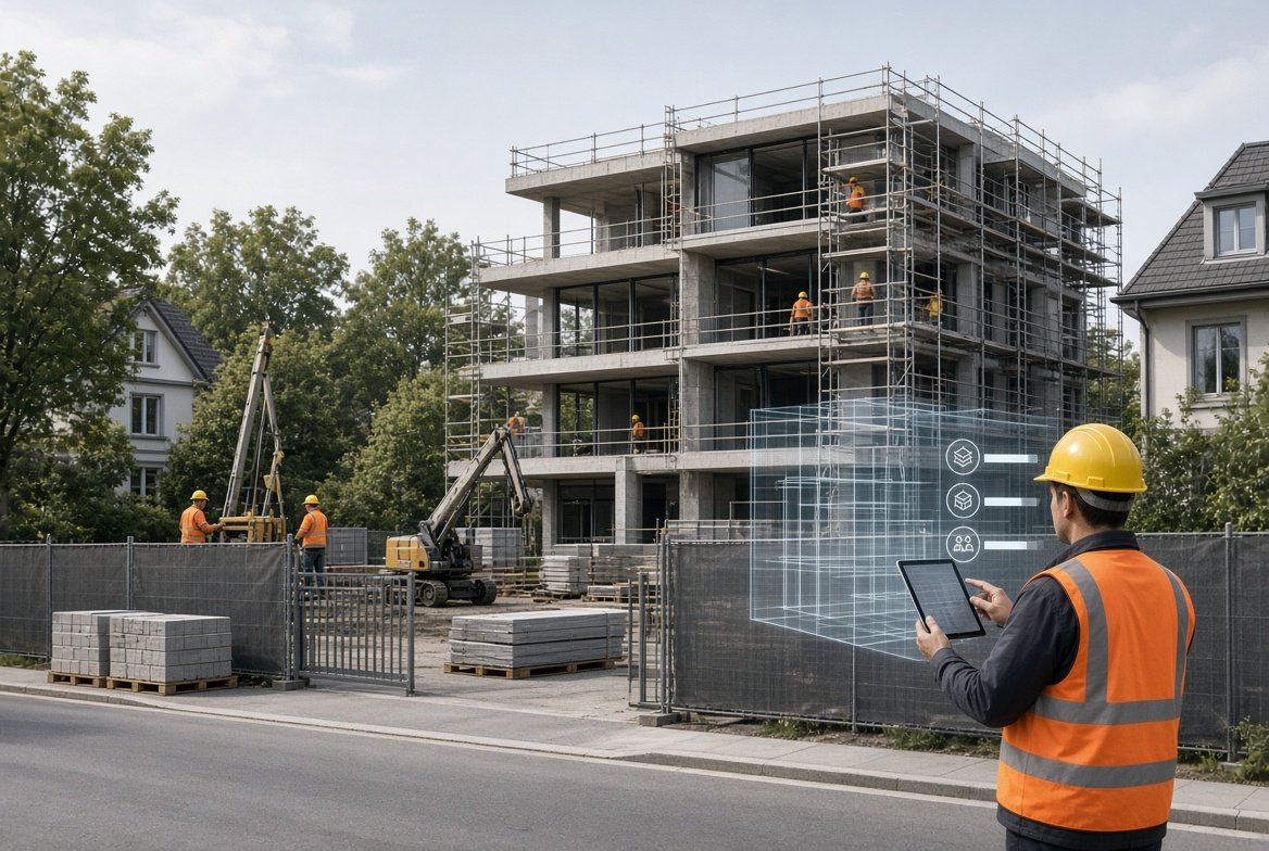 Stealth construction project with organized workers and modern building site